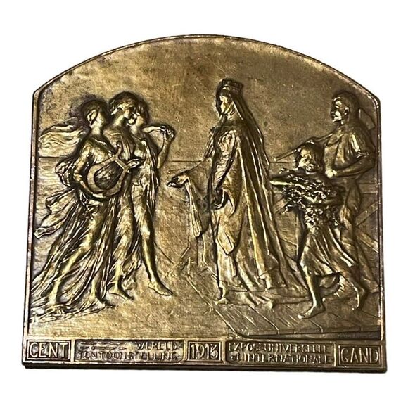 1913 GENT UNIVERSAL EXPOSITION PLAQUE by Devreese 72mm Belgium art medal Bronze